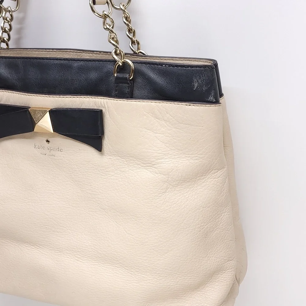 Kate Spade New York‎ Hancock Park Cream Black Leather Bow Tote Shoulder Bag